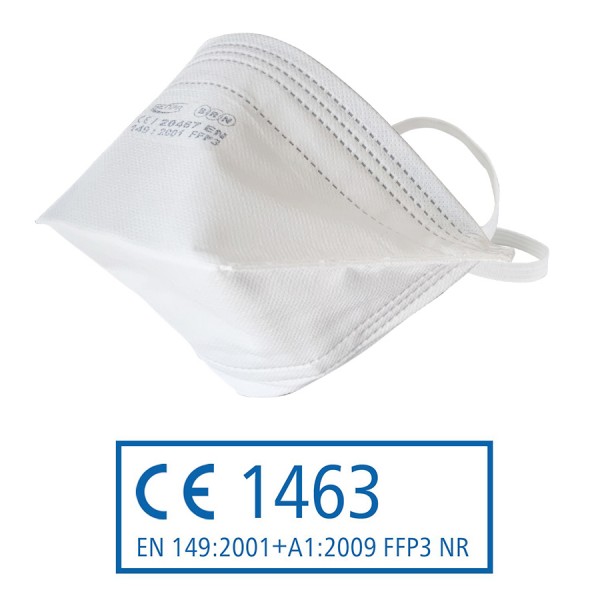 FFP3 NR Atemschutzmaske ohne Ventil nach EN 149:2001 + A1:2009, gefaltet